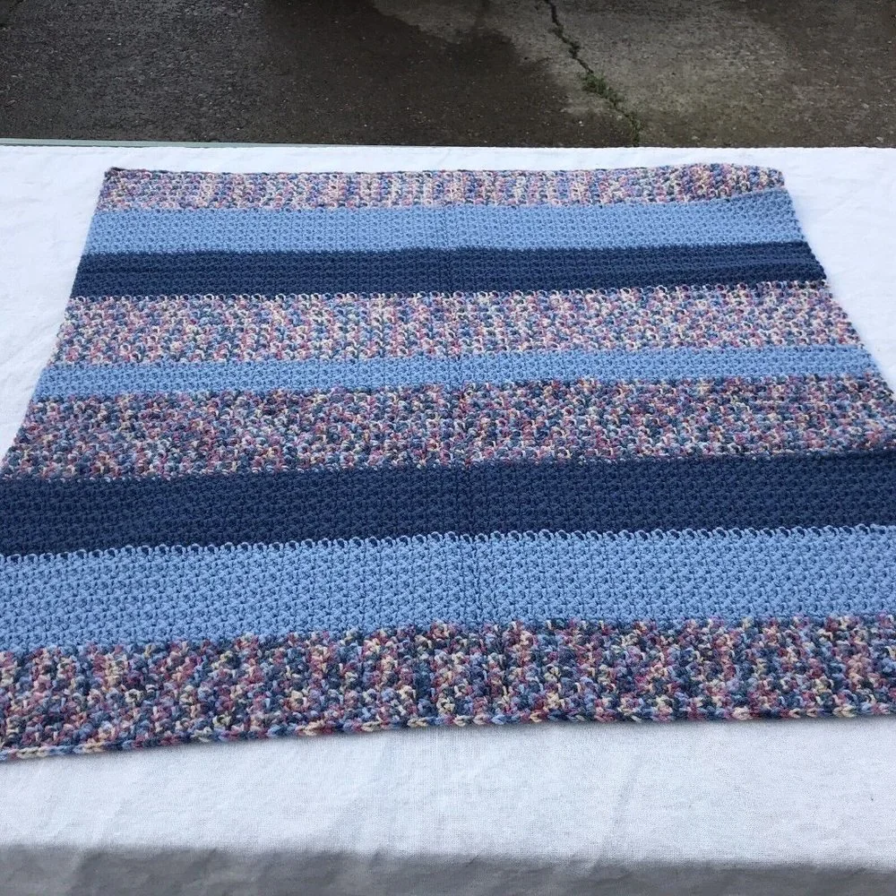 New Handmade Crochet Blanket 32x32 Lap Car Couch Dog Pet Afghan MCM Blue OOAK